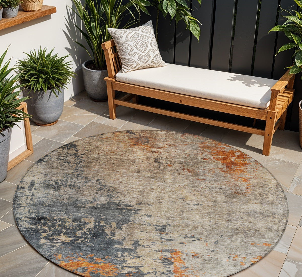 8 Khaki Gray And Copper Round Abstract Washable Indoor Outdoor Area Rug