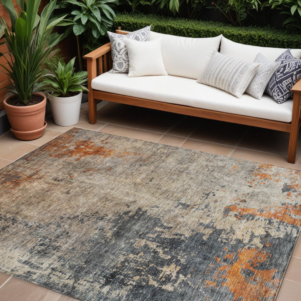 10 X 14 Khaki Gray And Copper Abstract Washable Indoor Outdoor Area Rug