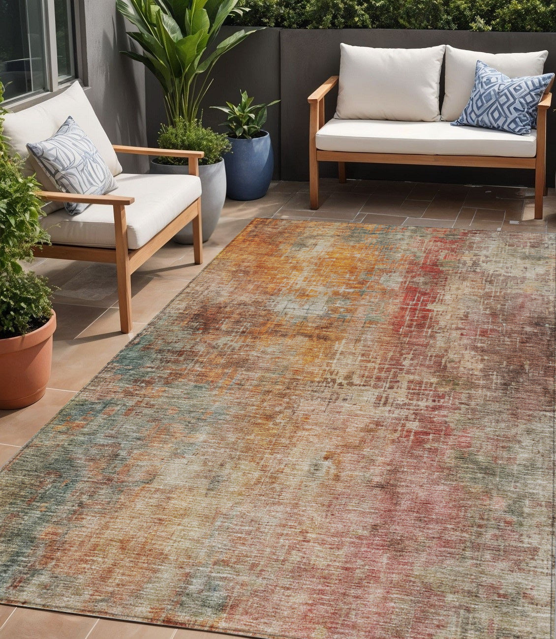 5 X 8 Tan Copper And Terra Cotta Abstract Washable Indoor Outdoor Area Rug