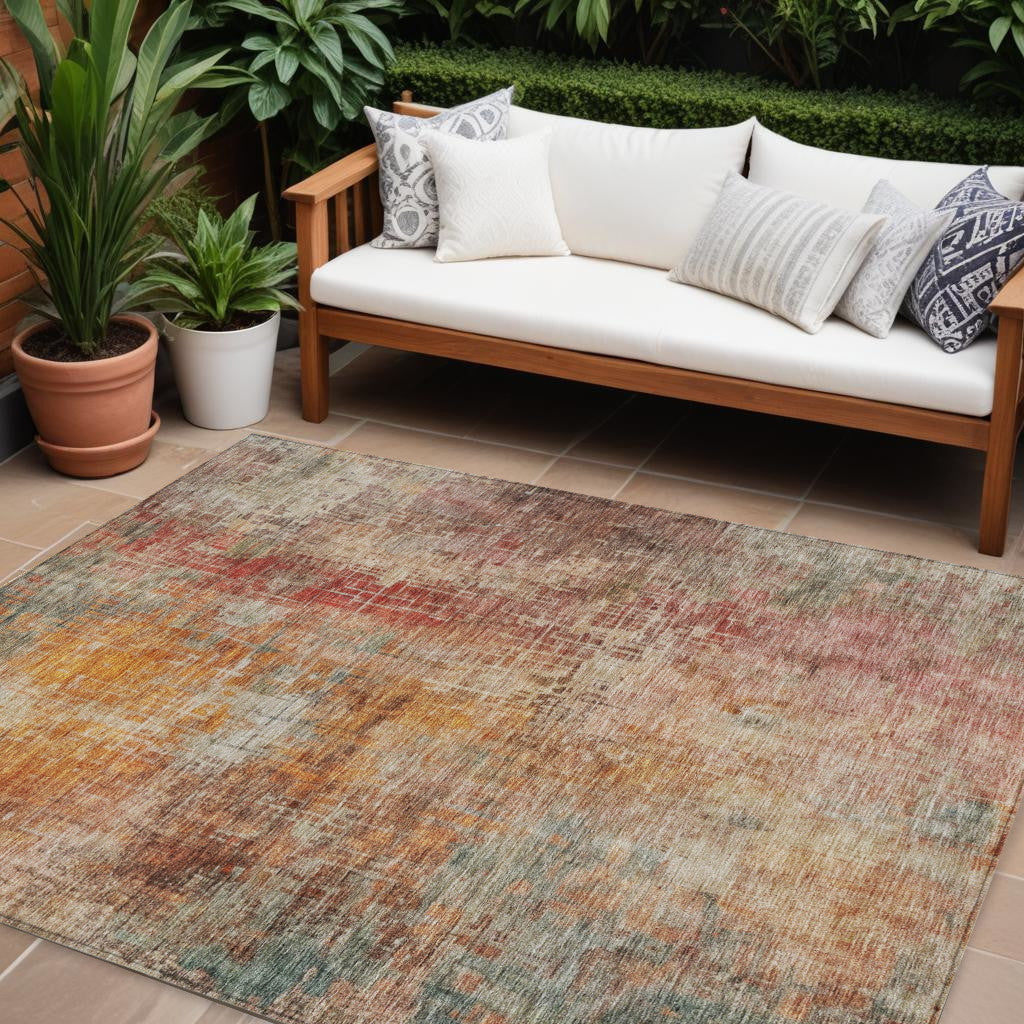 8 X 10 Tan Copper And Terra Cotta Abstract Washable Indoor Outdoor Area Rug