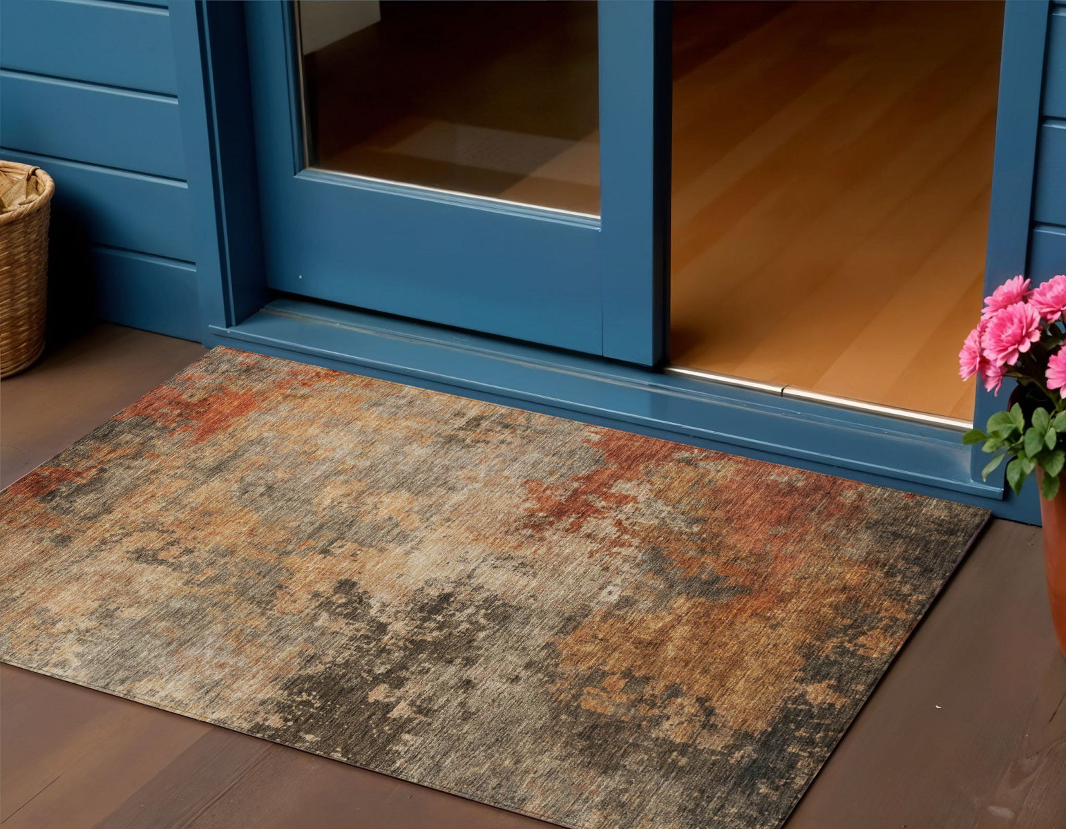 3 X 5 Khaki Brown And Copper Abstract Washable Indoor Outdoor Area Rug