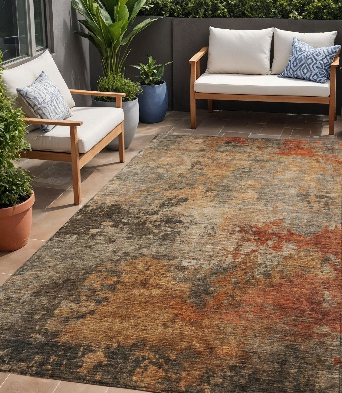5 X 8 Khaki Brown And Copper Abstract Washable Indoor Outdoor Area Rug