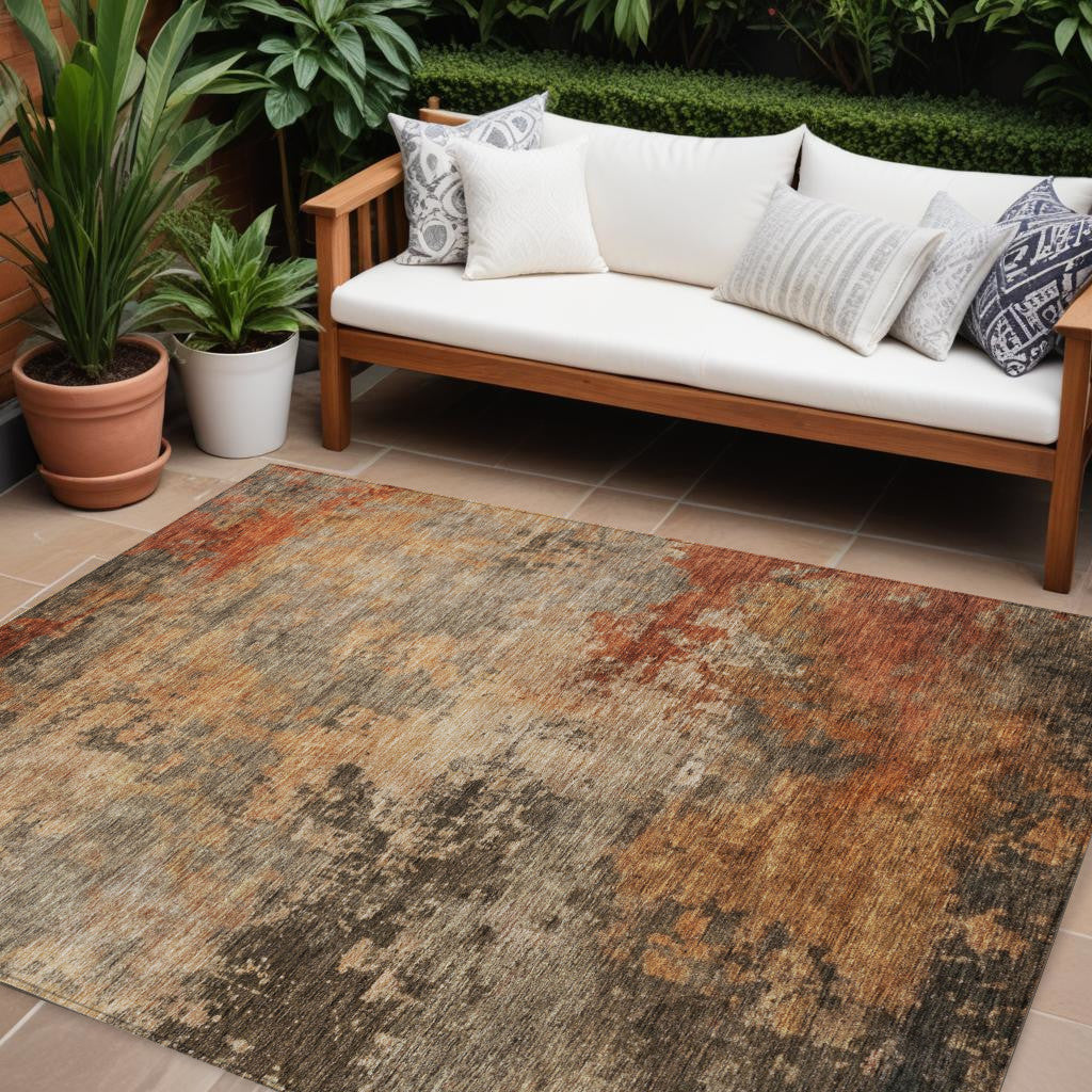 8 X 10 Khaki Brown And Copper Abstract Washable Indoor Outdoor Area Rug