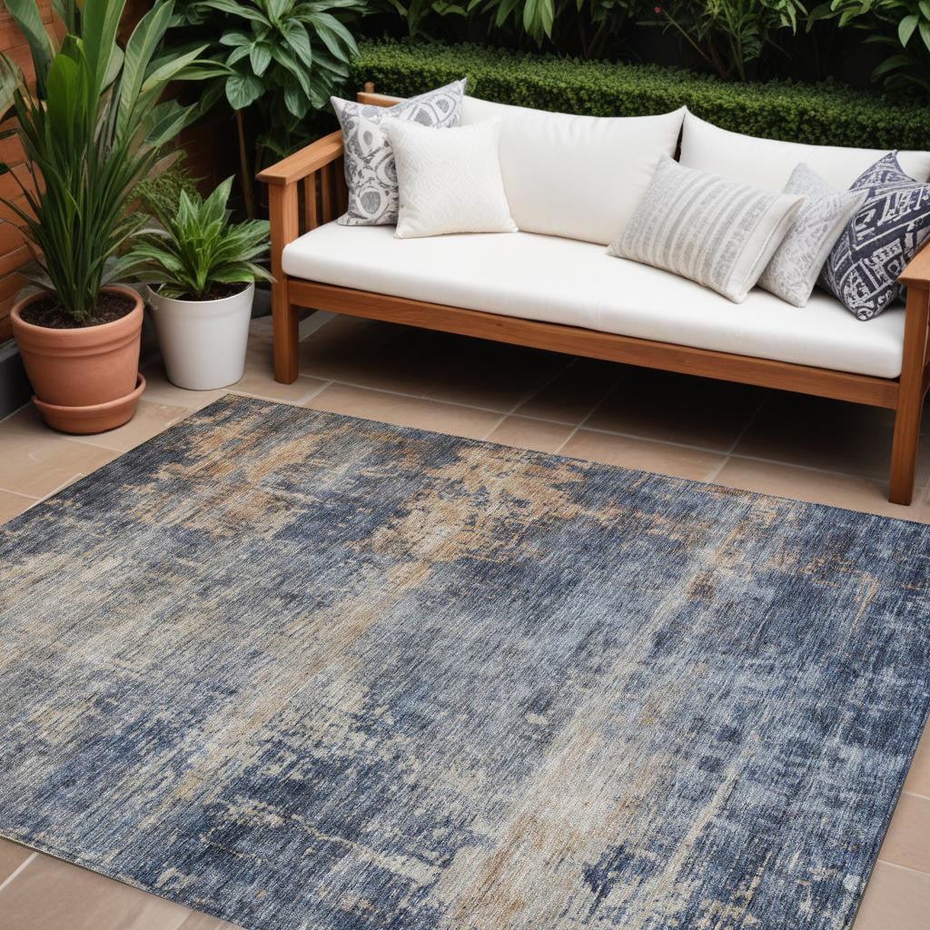 8 X 10 Denim Blue And Tan Abstract Washable Indoor Outdoor Area Rug