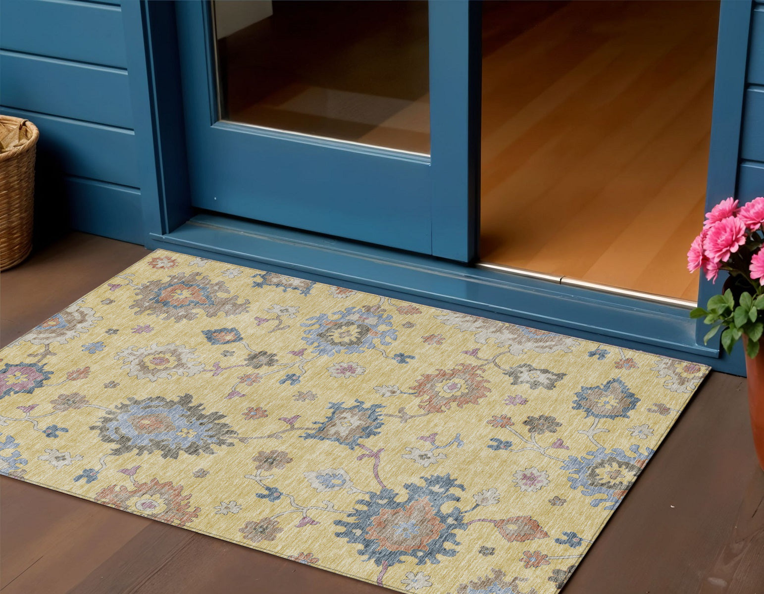 3 X 5 Gold Brown And Blue Floral Washable Indoor Outdoor Area Rug
