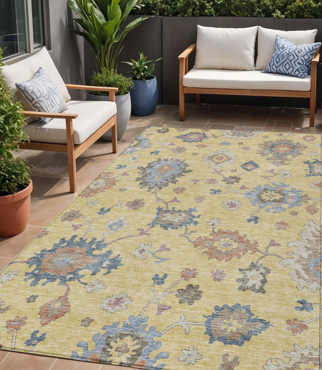 5 X 8 Gold Brown And Blue Floral Washable Indoor Outdoor Area Rug