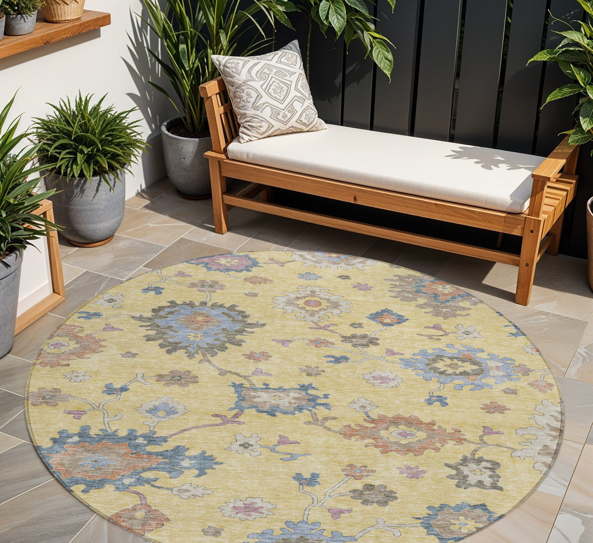 8 Gold Brown And Blue Round Floral Washable Indoor Outdoor Area Rug
