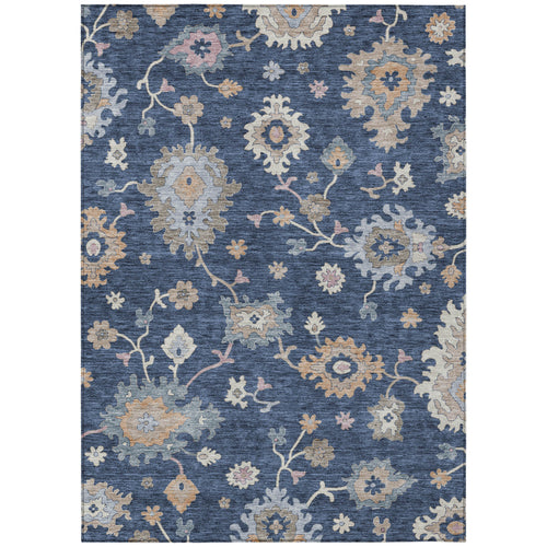 3 X 5 Navy Blue Beige And Gray Floral Washable Indoor Outdoor Area Rug
