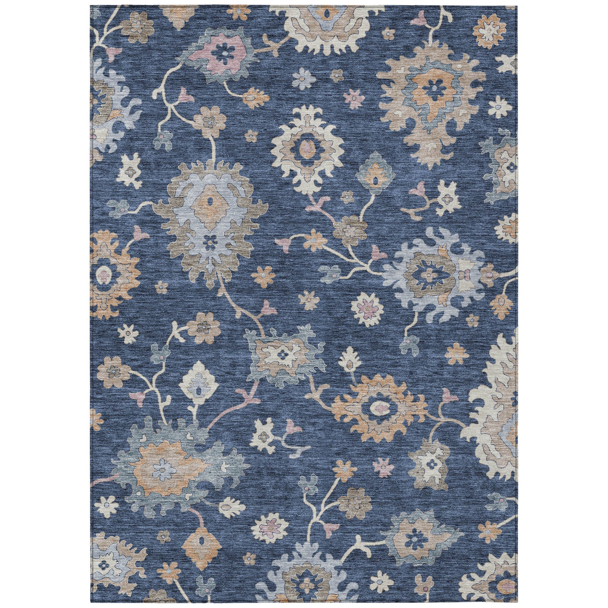 5 X 8 Navy Blue Beige And Gray Floral Washable Indoor Outdoor Area Rug