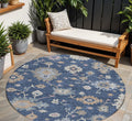 8 Navy Blue Beige And Gray Round Floral Washable Indoor Outdoor Area Rug