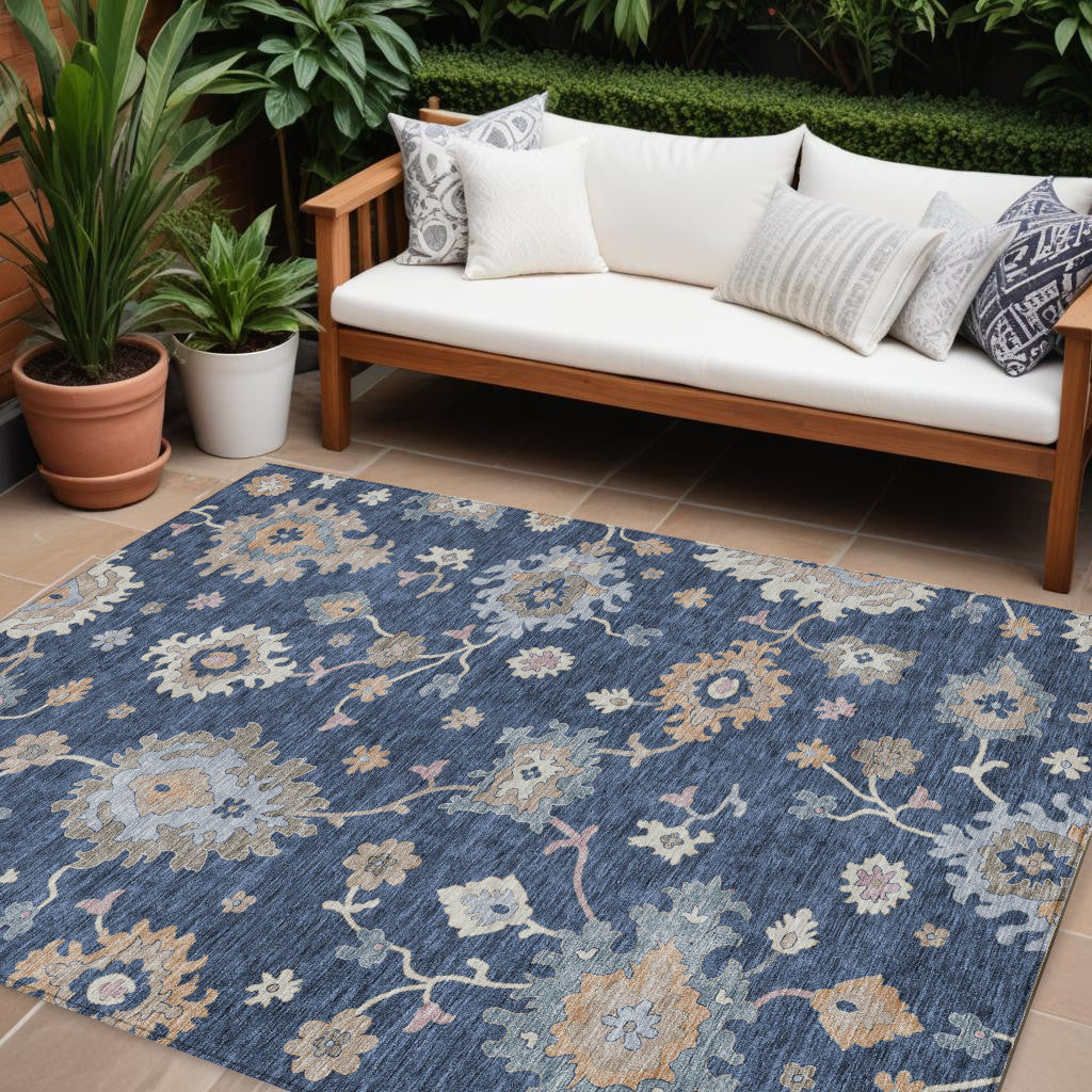 8 X 10 Navy Blue Beige And Gray Floral Washable Indoor Outdoor Area Rug
