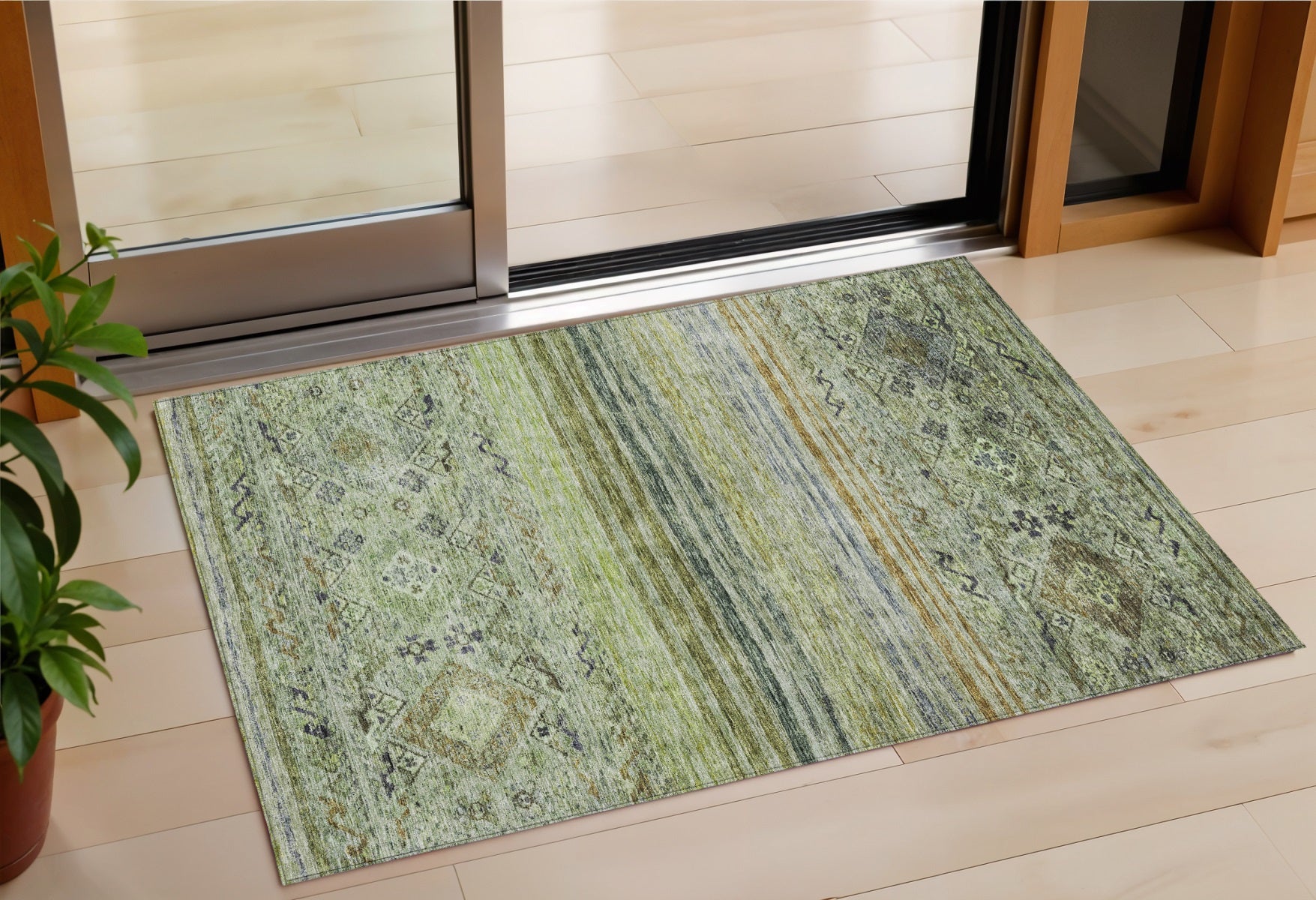 3 X 5 Artichoke Green Blue And Black Floral Washable Indoor Outdoor Area Rug