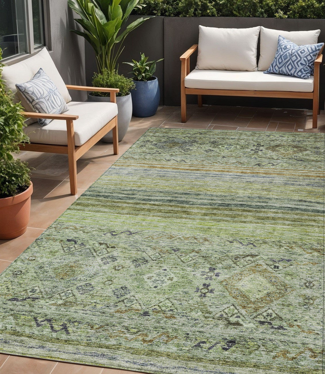5 X 8 Artichoke Green Blue And Black Floral Washable Indoor Outdoor Area Rug