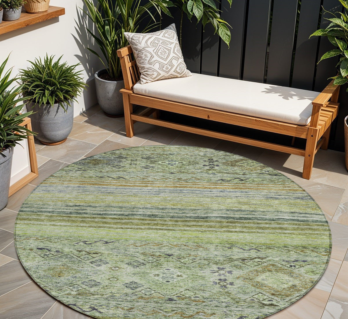 8 Artichoke Green Blue And Black Round Floral Washable Indoor Outdoor Area Rug