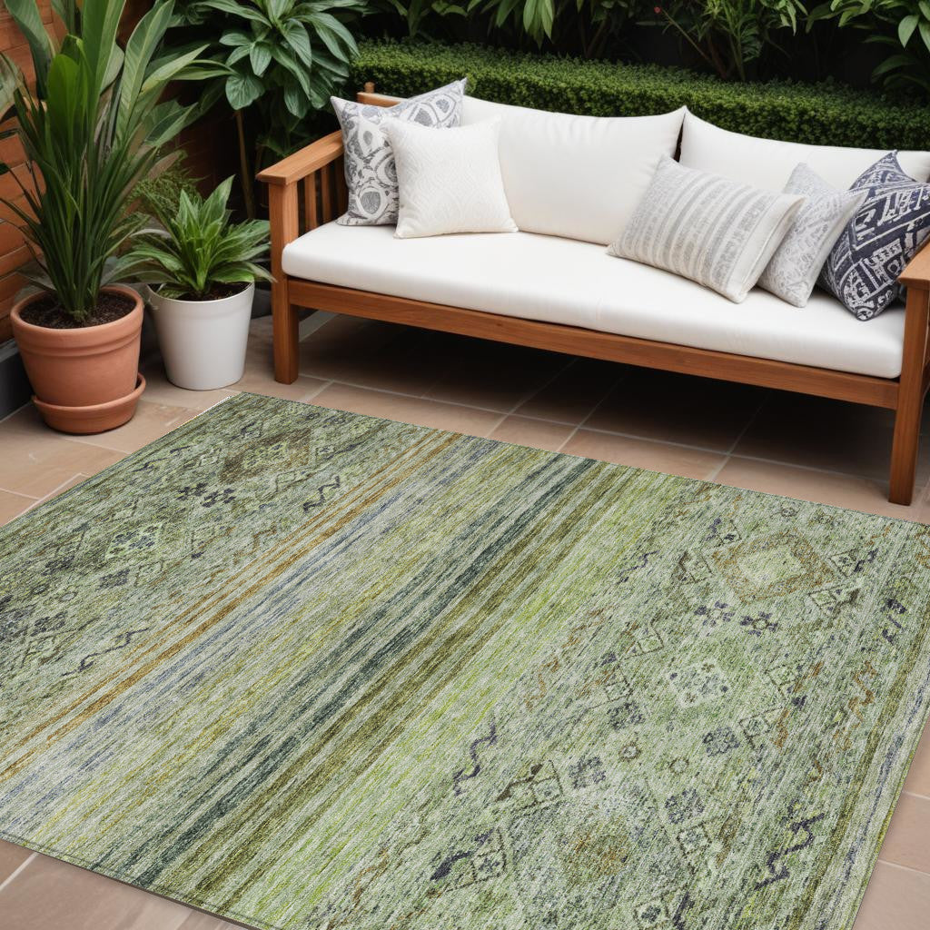 9 X 12 Artichoke Green Blue And Black Floral Washable Indoor Outdoor Area Rug