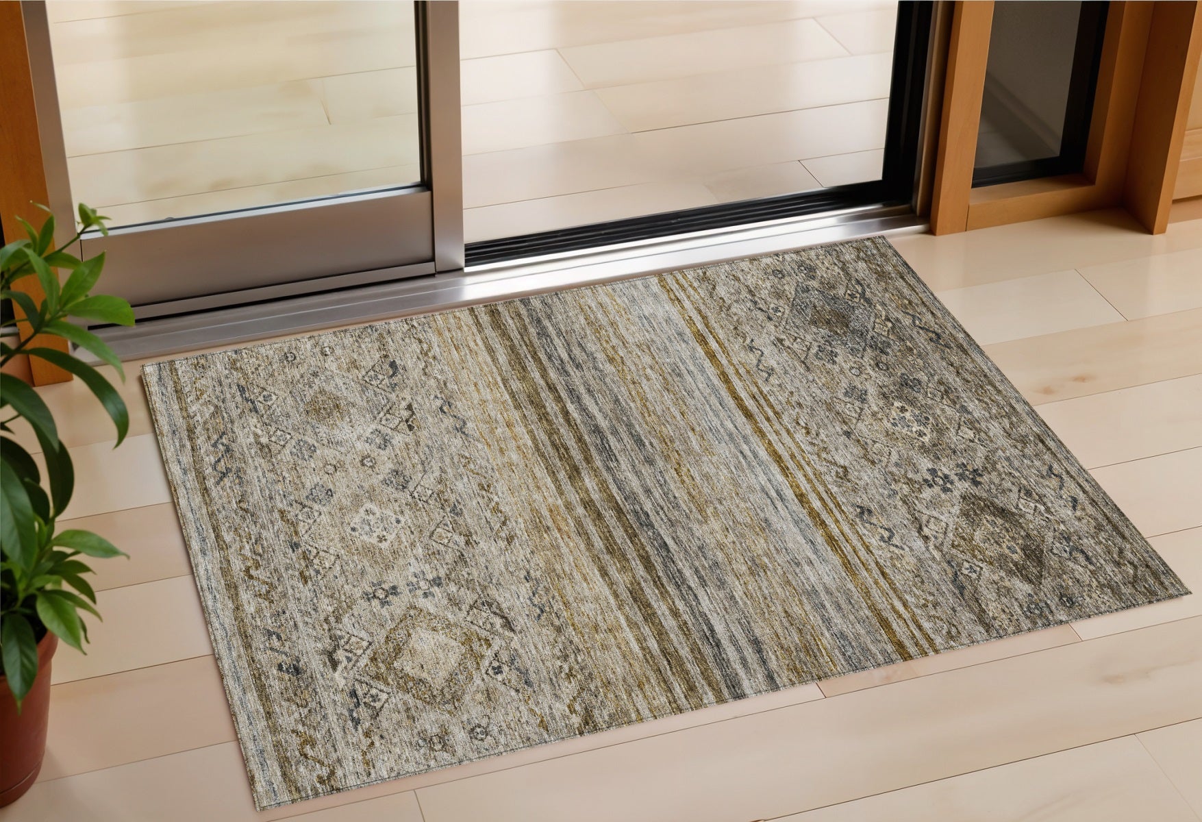3 X 5 Brown Tan And Black Floral Washable Indoor Outdoor Area Rug