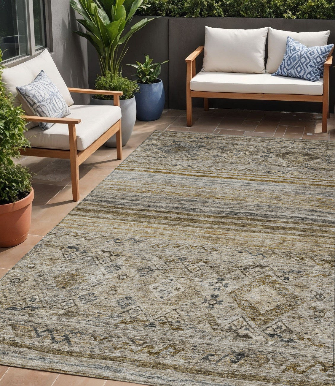 5 X 8 Brown Tan And Black Floral Washable Indoor Outdoor Area Rug
