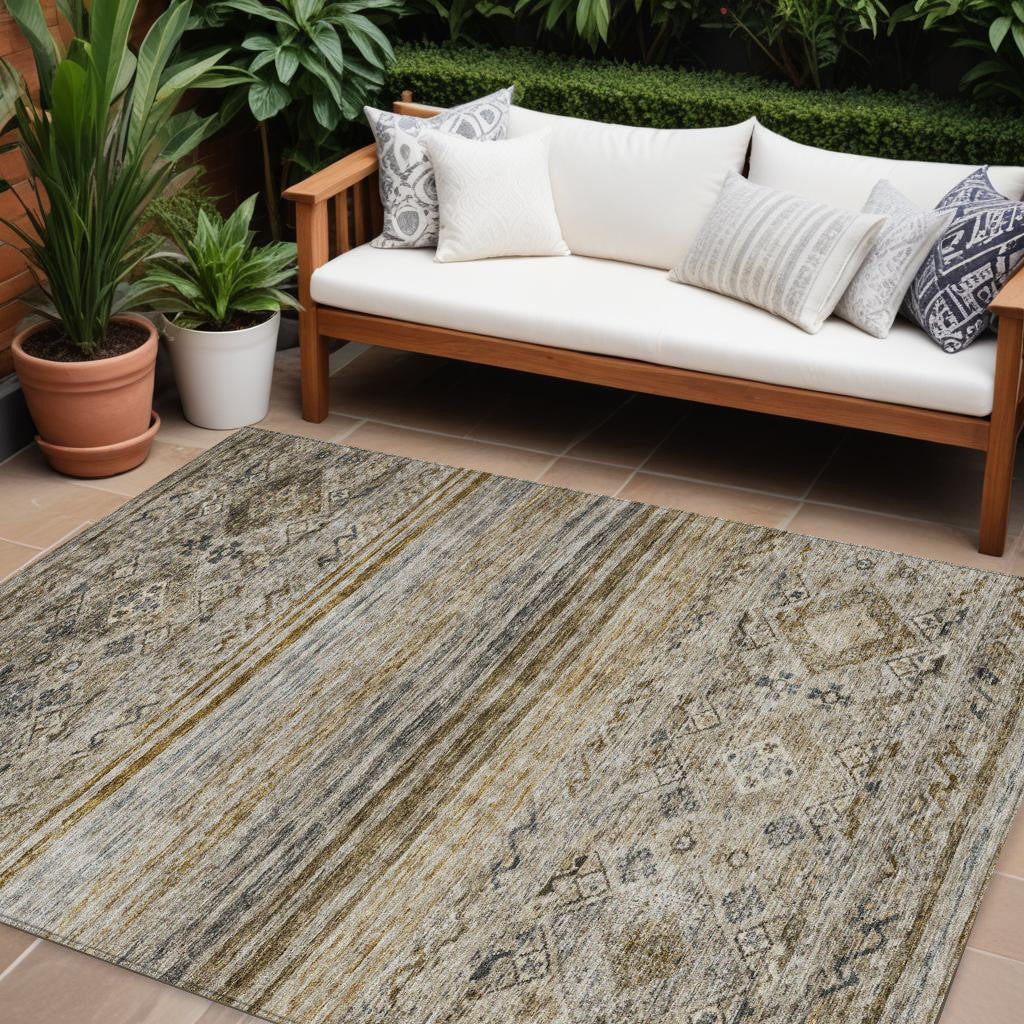 10 X 14 Brown Tan And Black Floral Washable Indoor Outdoor Area Rug