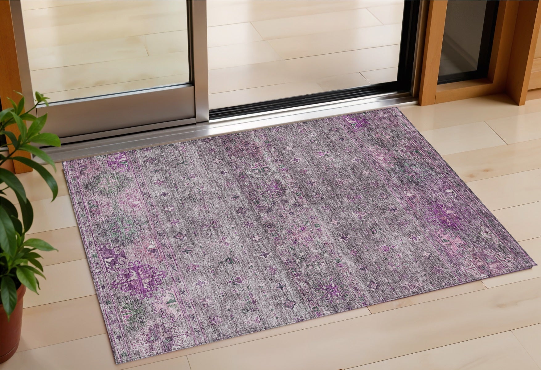 3 X 5 Purple And Gray Floral Washable Indoor Outdoor Area Rug