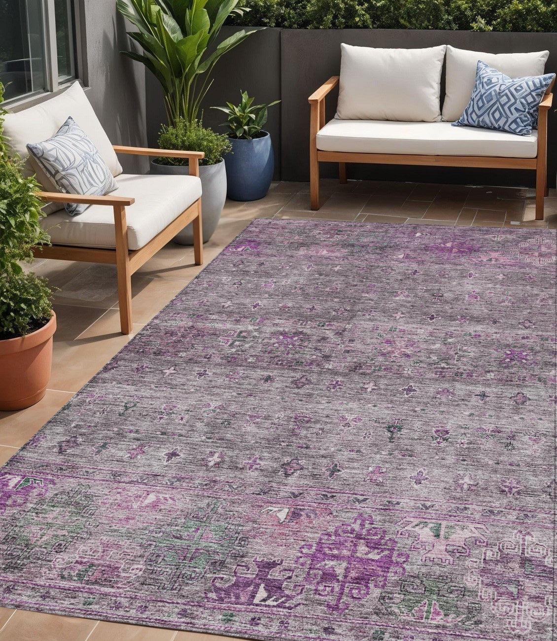 5 X 8 Purple And Gray Floral Washable Indoor Outdoor Area Rug