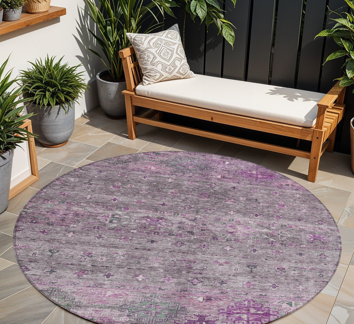 8 Purple And Gray Round Floral Washable Indoor Outdoor Area Rug