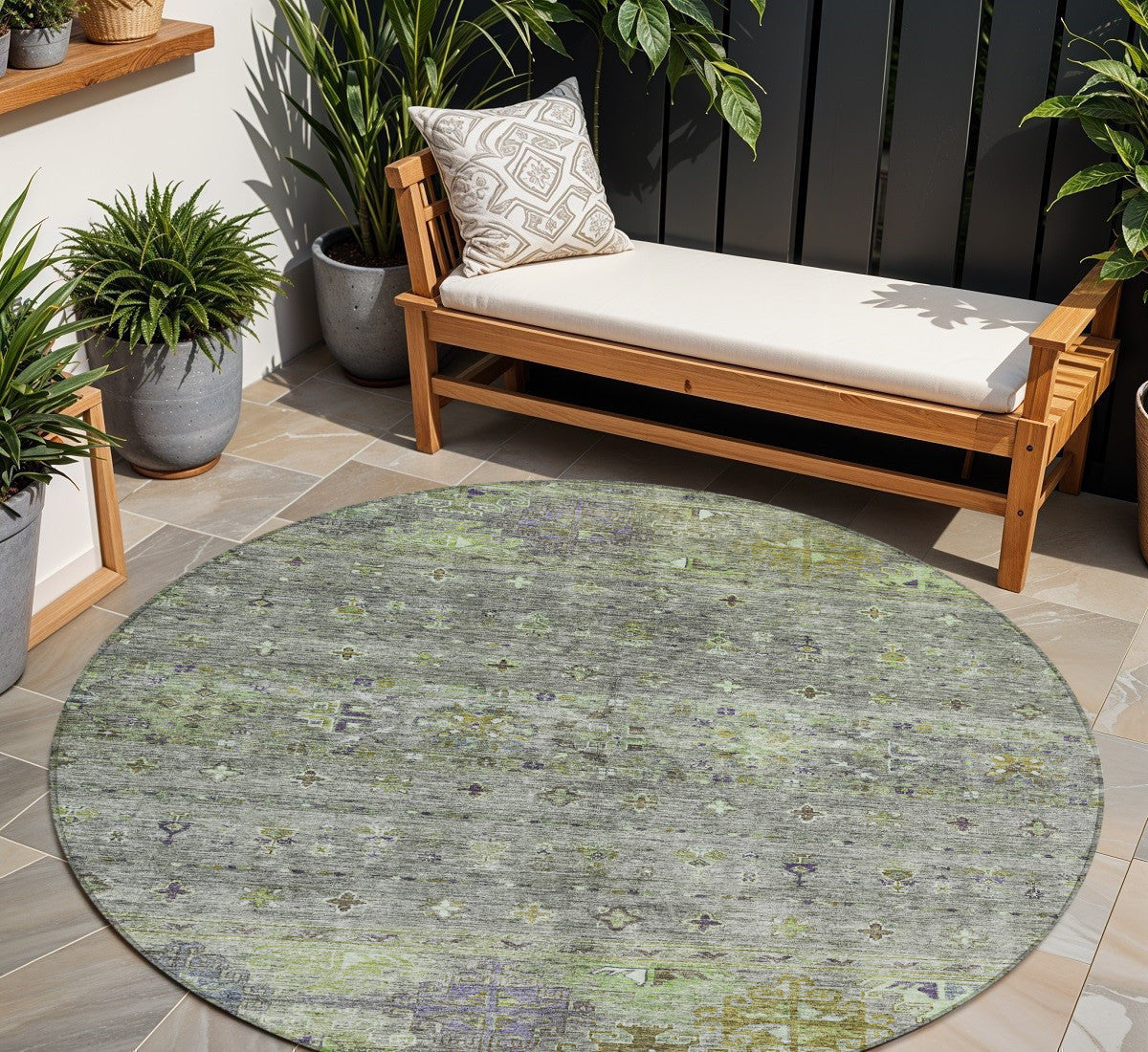 8 Sage And Gray Round Floral Washable Indoor Outdoor Area Rug
