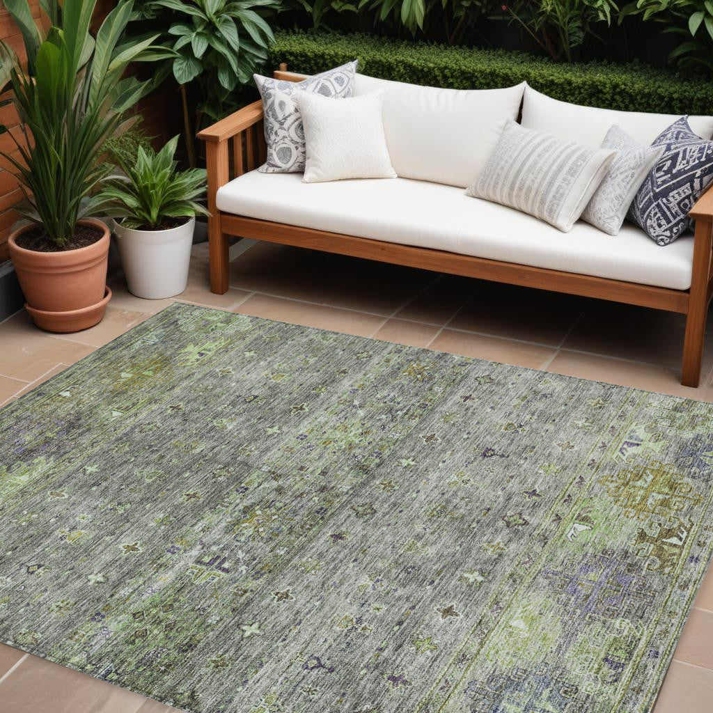 8 X 10 Sage And Gray Floral Washable Indoor Outdoor Area Rug