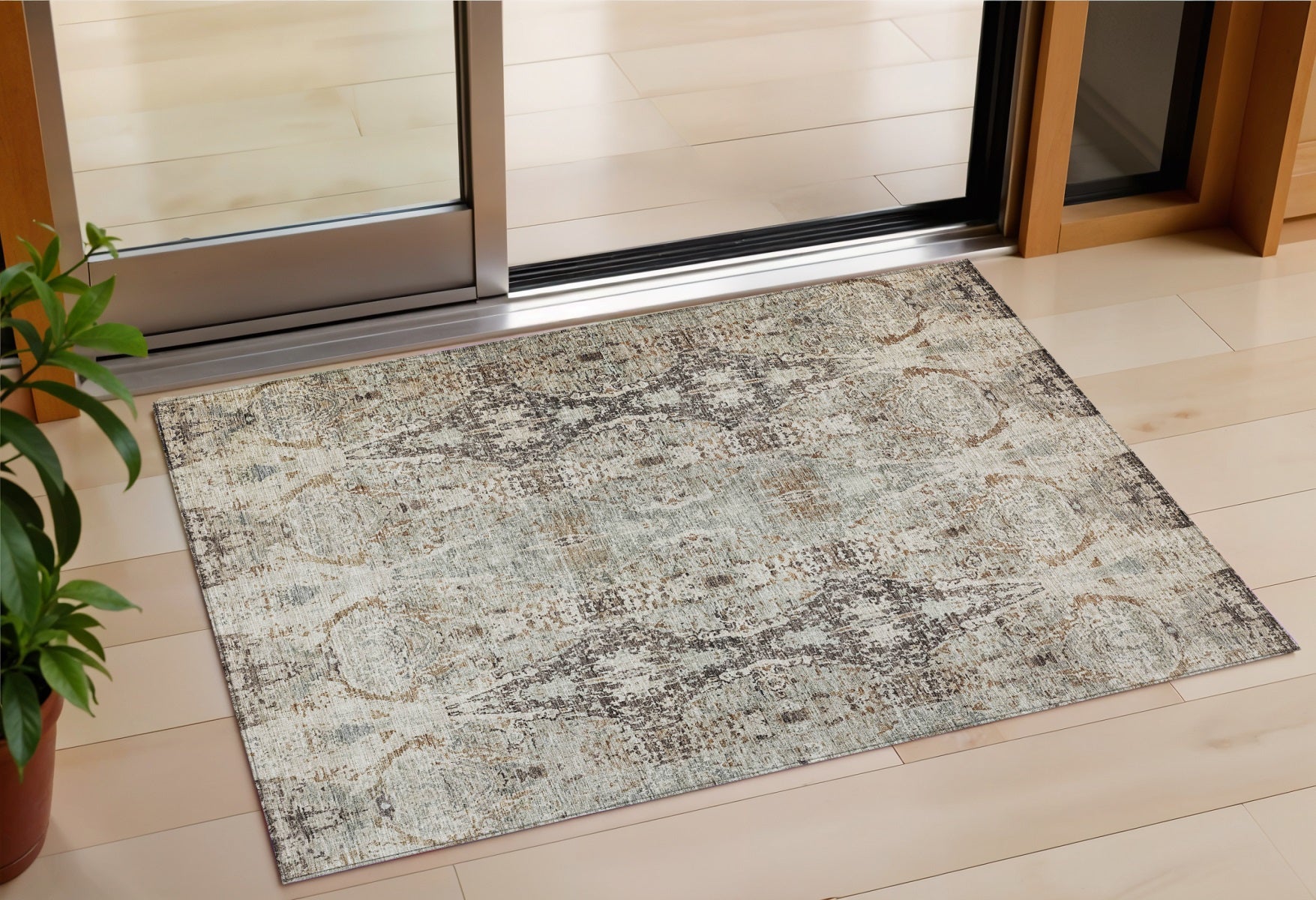 3 X 5 Linen Black And Brown Floral Washable Indoor Outdoor Area Rug