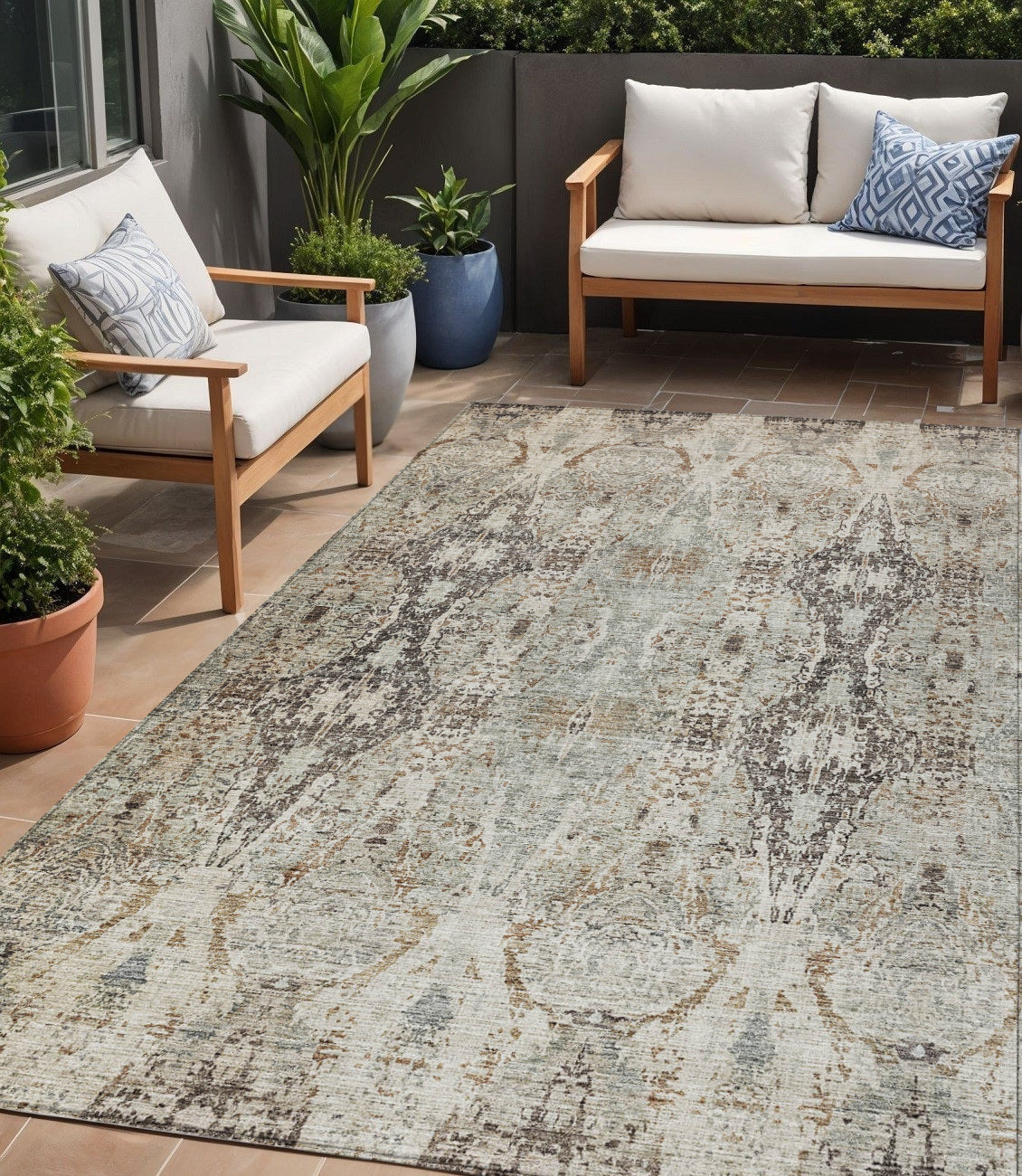 5 X 8 Linen Black And Brown Floral Washable Indoor Outdoor Area Rug