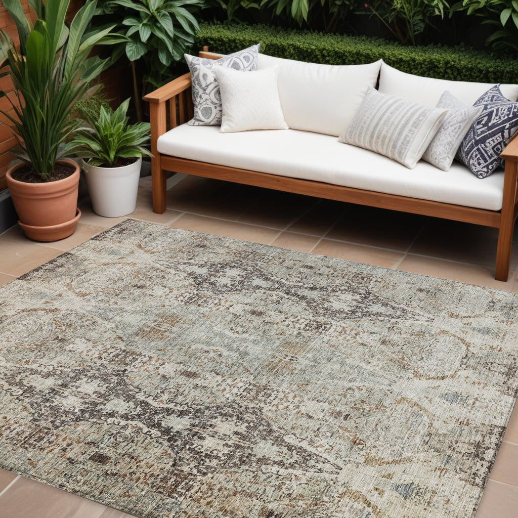 10 X 14 Linen Black And Brown Floral Washable Indoor Outdoor Area Rug