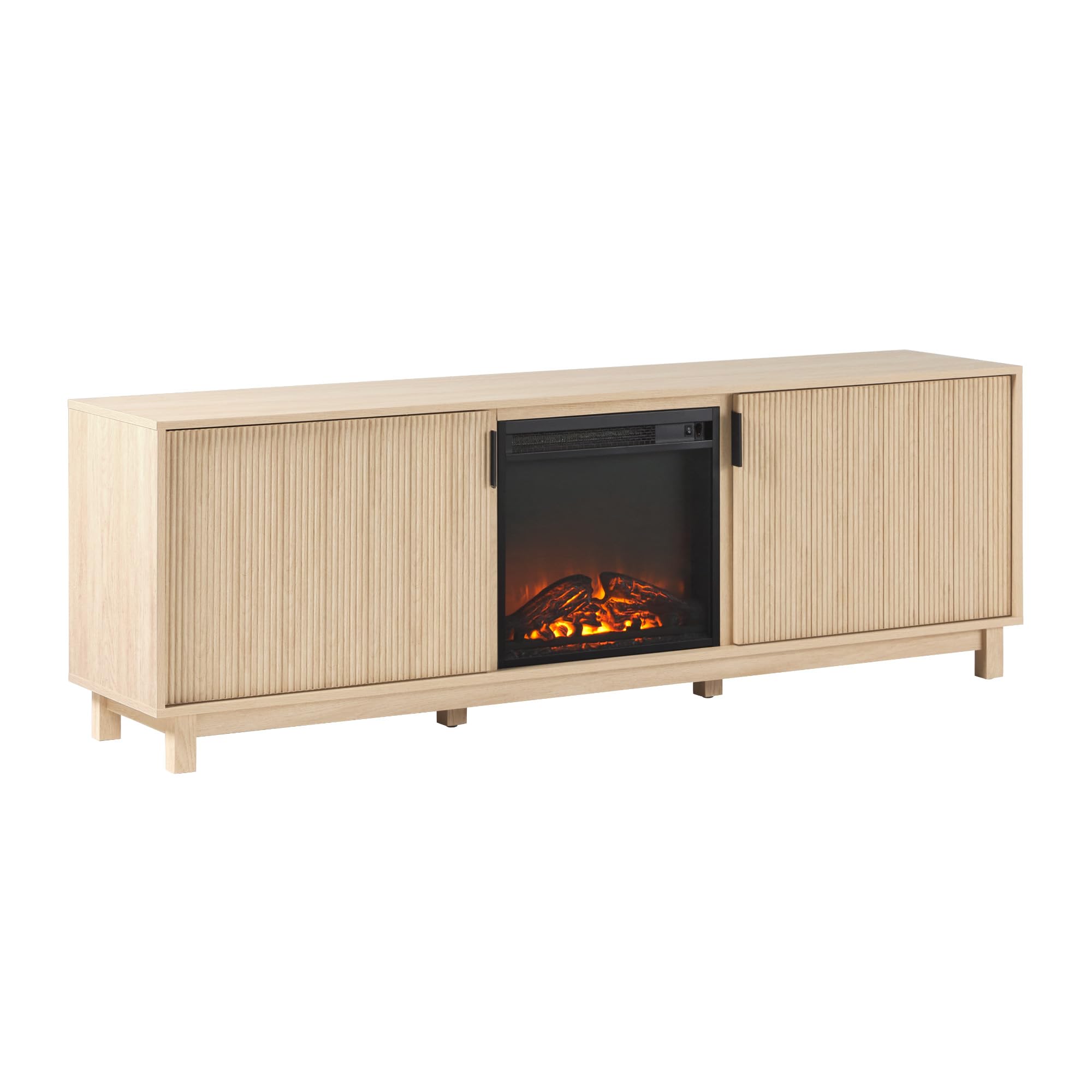 Walker Edison 70 Modern Reeded TV Stand with Freestanding Electric Fireplace, Cabinet Storage for Media and Games, Ambient Flame