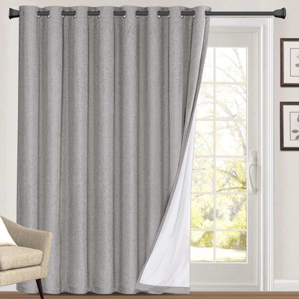 PrinceDeco 100% Blackout Linen Look Patio Door Curtain 96 Inches Long Extra Wide Thermal Insulated Grommet Curtain Drapes for Li