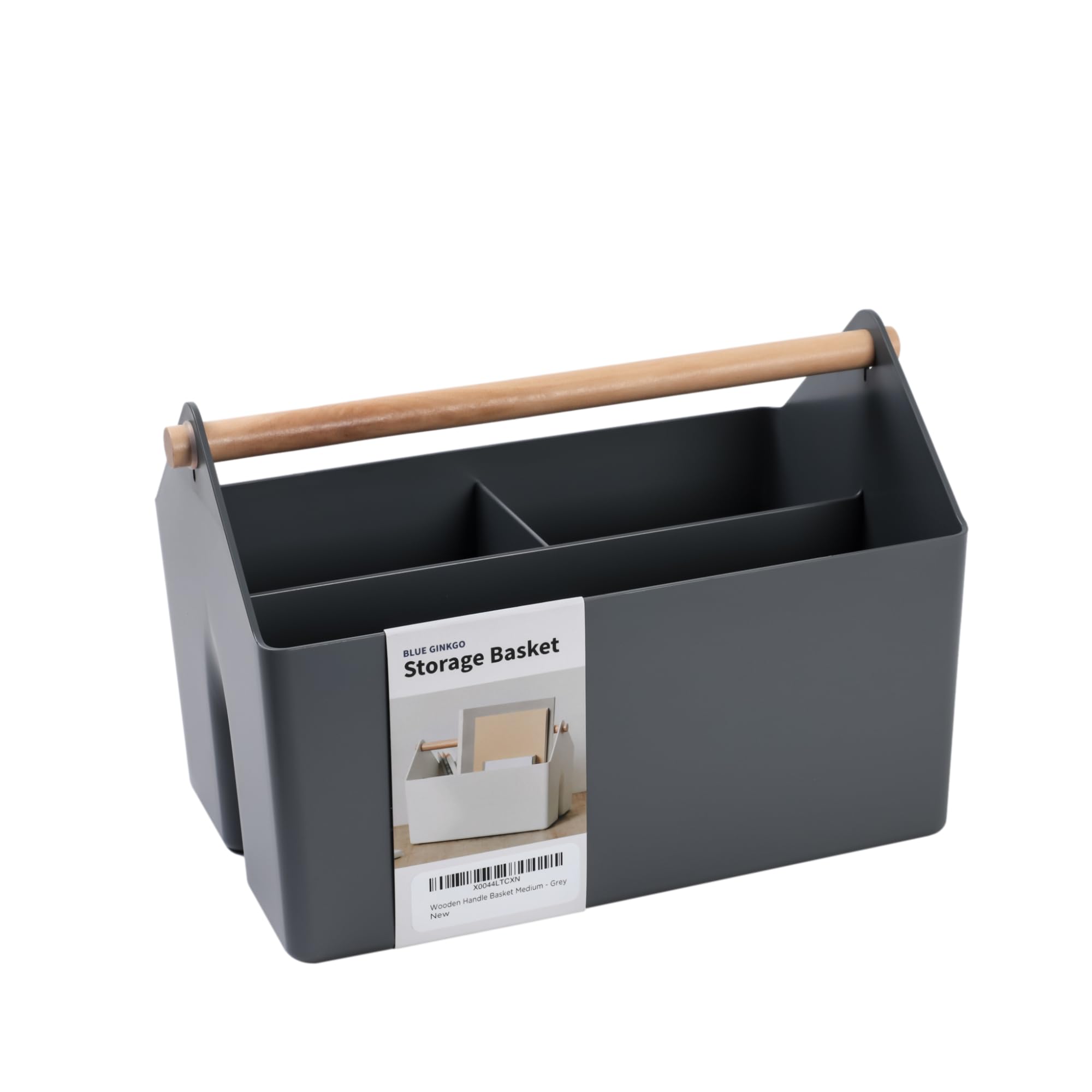 BLUE GINKGO Medium Storage Basket - Plastic Caddy with Wooden Handle for Office, Arts & Crafts, or Home Supplies (Gray)