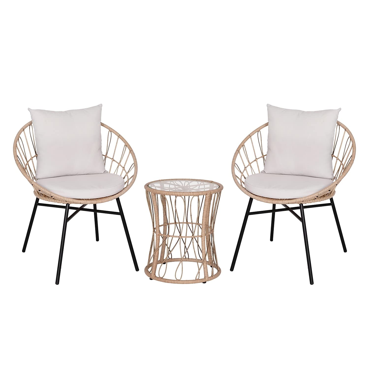 Flash Furniture Devon Indoor/Outdoor Bistro Set - Tan Finish Rattan Rope Papasan Style Chairs and Glass Top Side Table - Light G