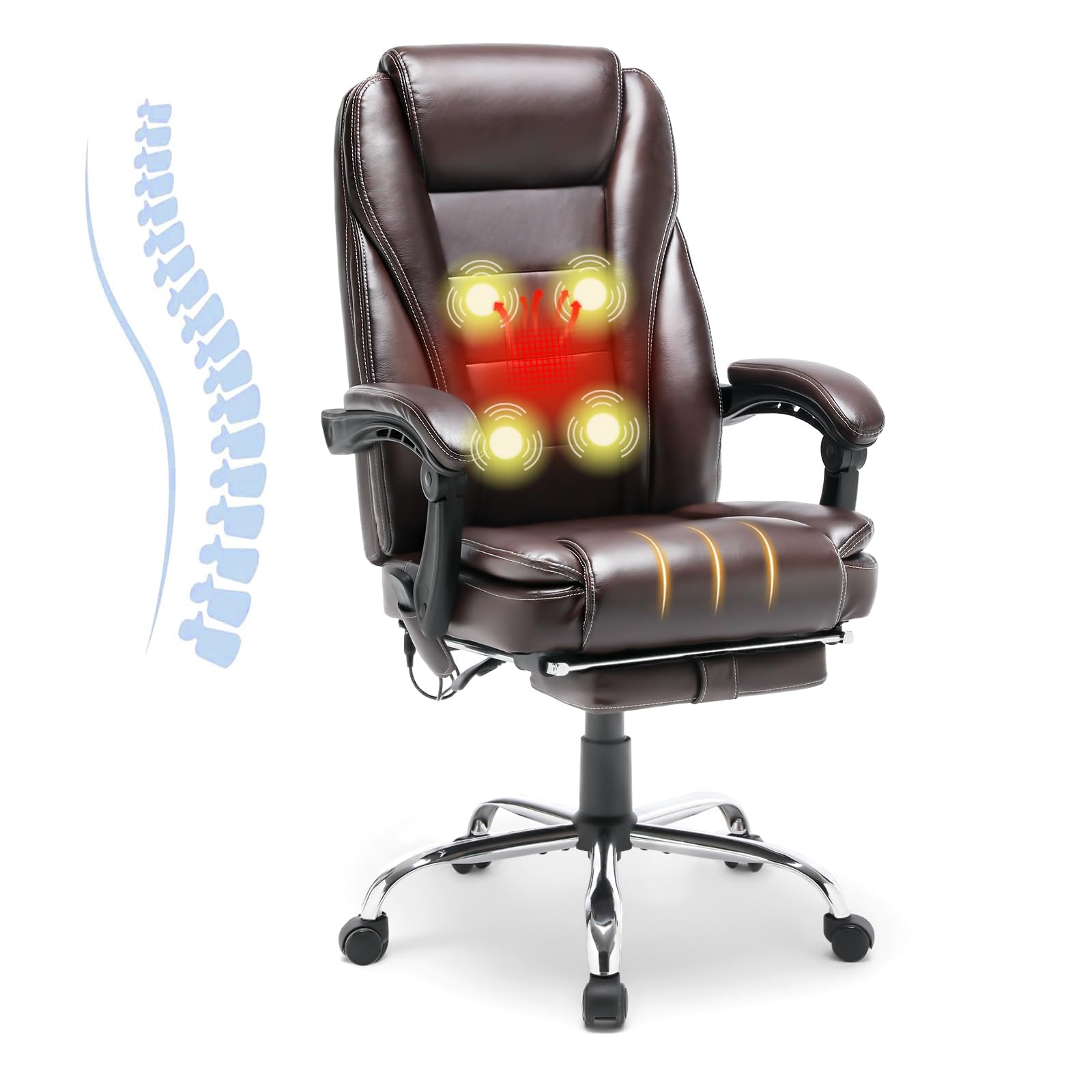 HOMREST 4-Point Massage Reclining Office Chair, Leather Heating Executive Chair, Ergonomic Home Office Desk Chair with Retractab