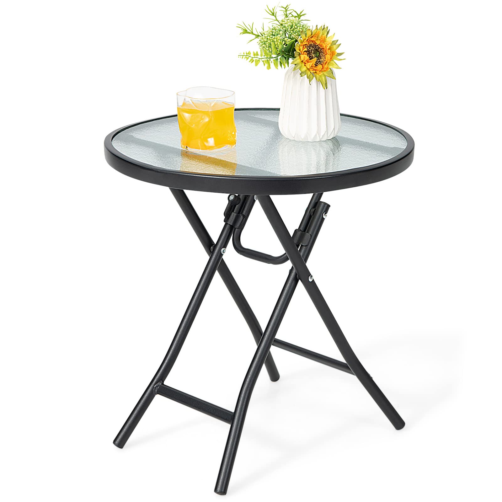 Giantex Folding Side Table, Round Small Patio Table, Tempered Glass Tabletop, Steel Frame, Weather-Resistant Outdoor Indoor Use 