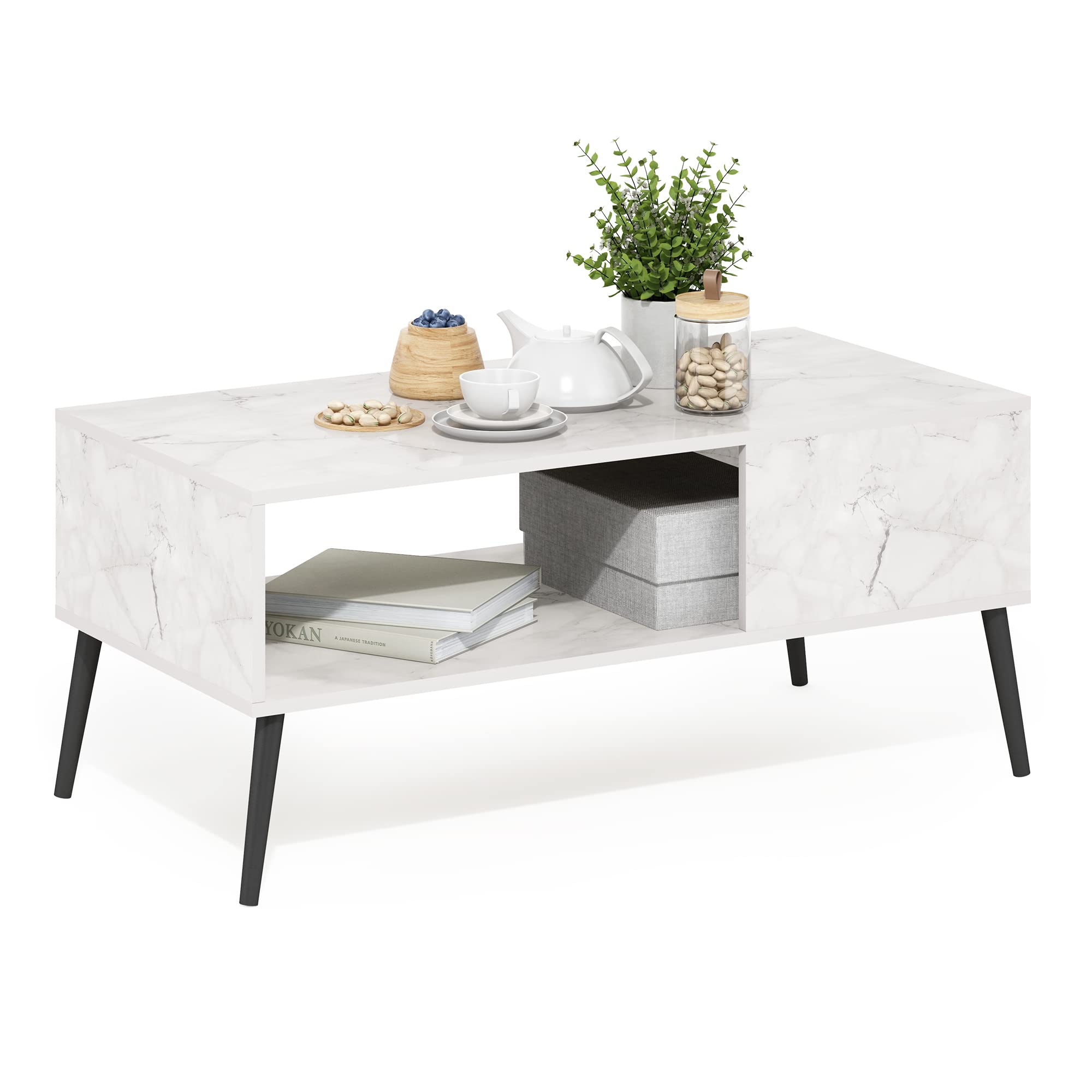 Furinno Claude Mid Century Style Coffee Table with Wood Legs, Marble White