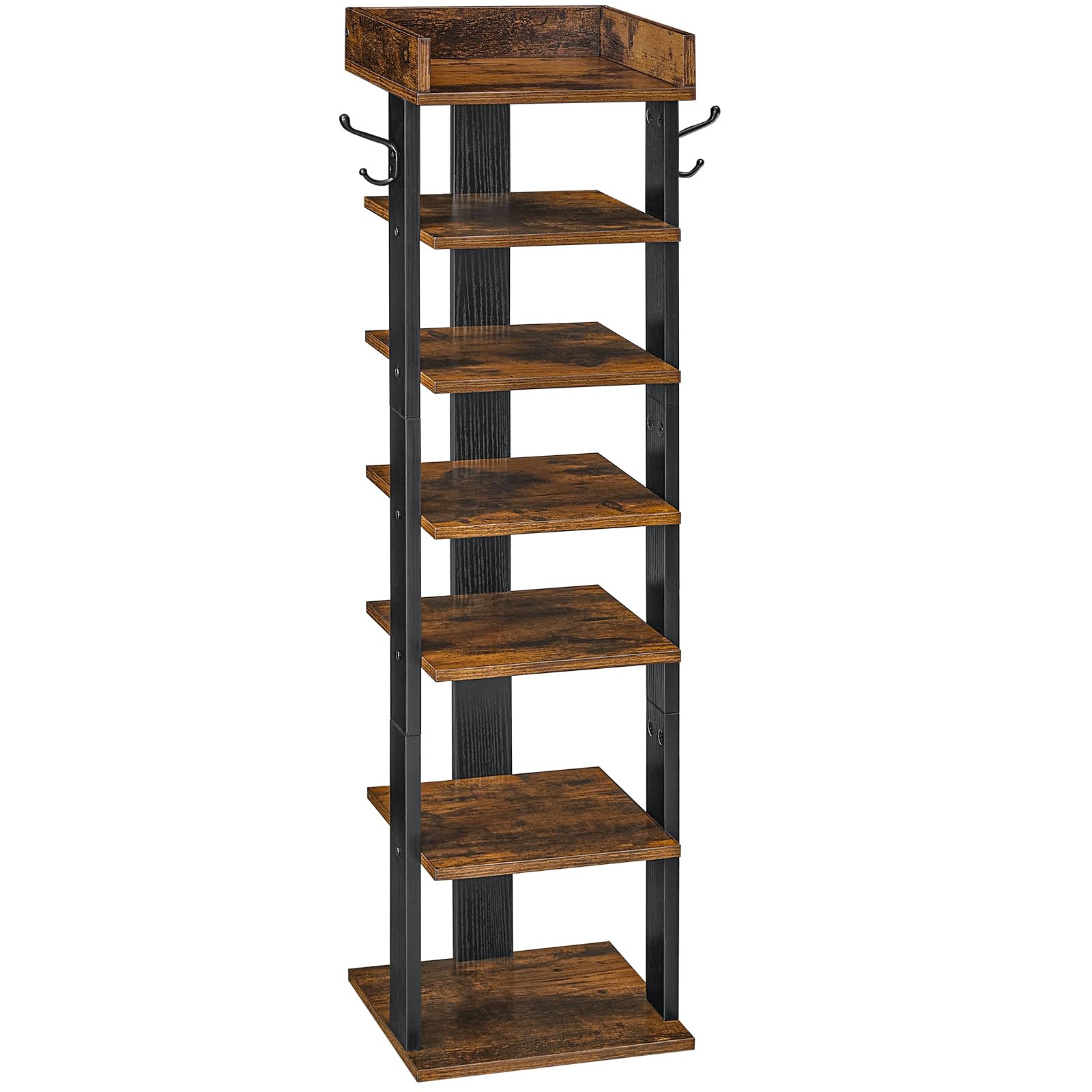HOOBRO Vertical Shoe Rack for Front Door Entryway, 7 Tier Wooden Shoe Storage Organizer with Hooks, Narrow Shoe Tower for 7 Pair