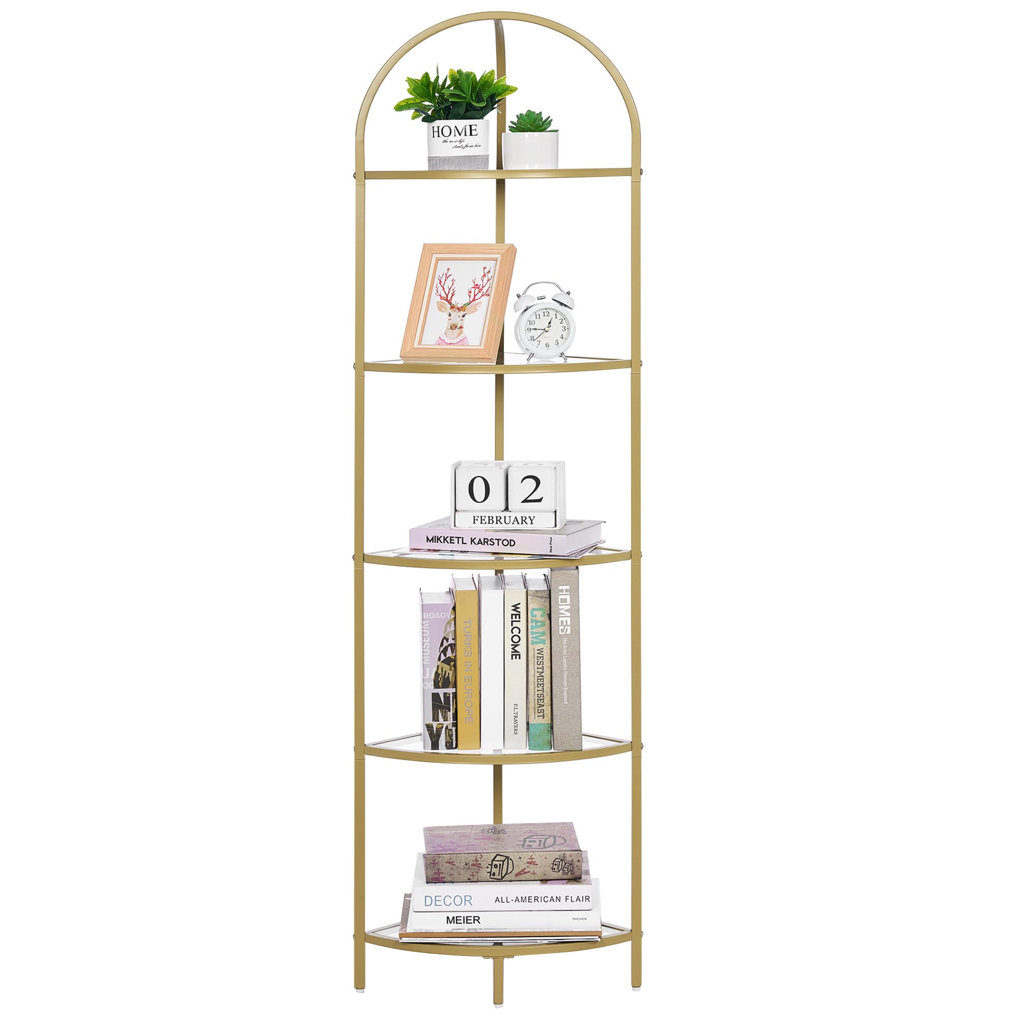Homhedy 5-Tier Corner Shelf Stand, Metal Corner Bookshelf, Tempered Glass Shelves, Bathroom Storage Rack Shelf, Plant Stand, Mod