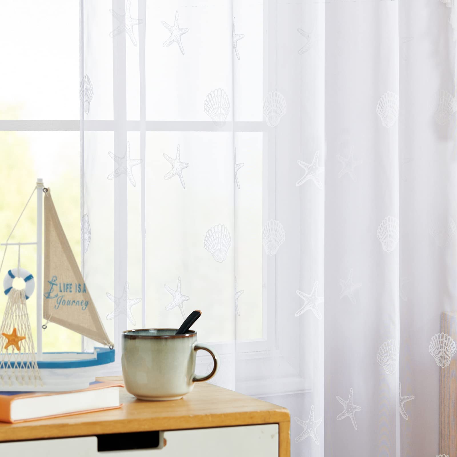 jinchan White Sheer Curtains 84 Inches Long Seashell Starfish Pattern Drapes for Bedroom Nautical Beach House Coastal Cabin Wind