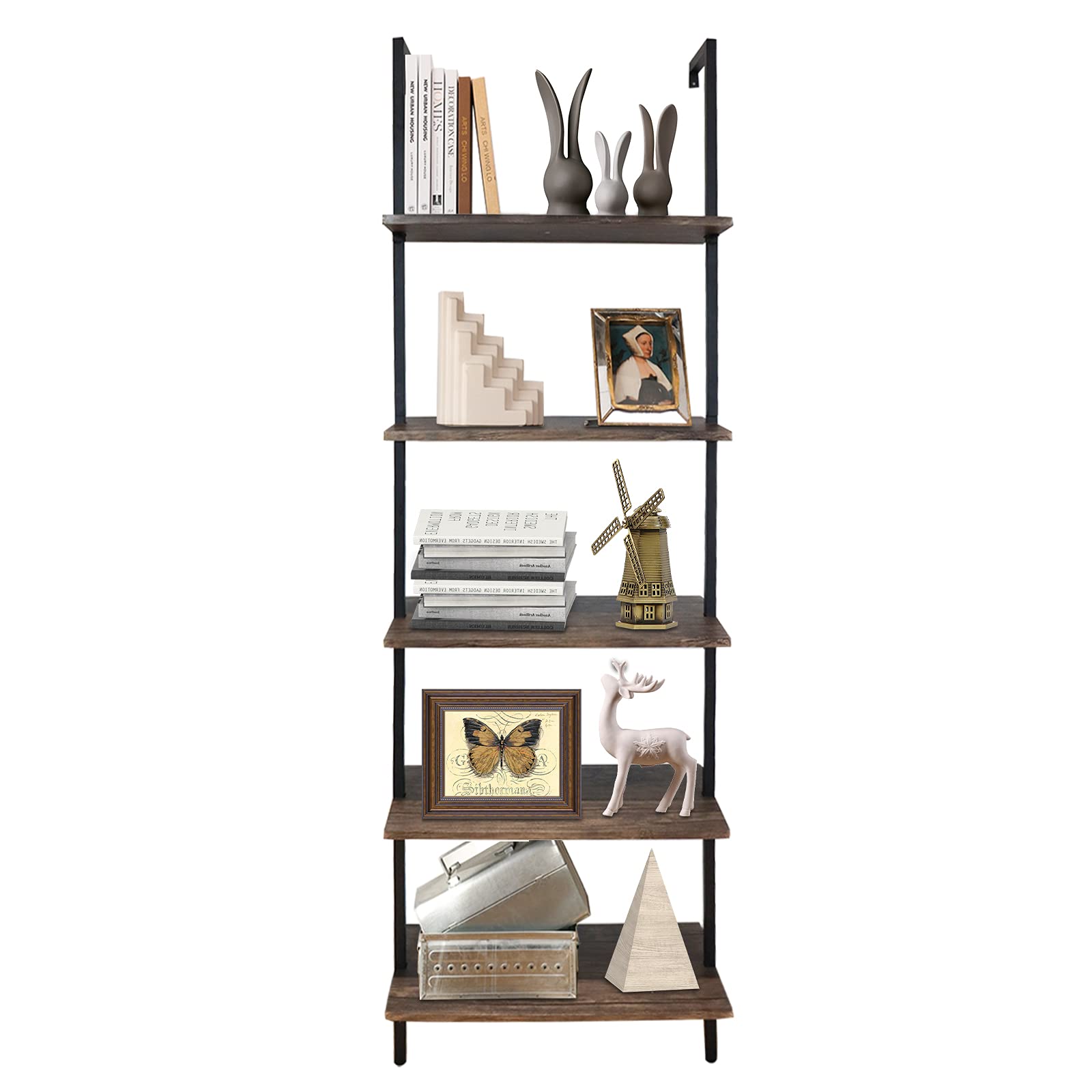 aboxoo Ladder Shelf Open Bookshelf 5-tier Wood Wall-mounted Bookcase Storage Rack Open Back Industrial Modern Plant Flower Stand