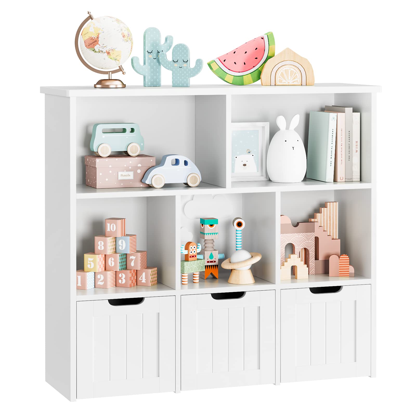 FOTOSOK Toy Storage Organizer with 3 Movable Drawers, Floor Storage Cabinet Toy Chest with Hidden Wheels and 5 Storage Cubbies, 