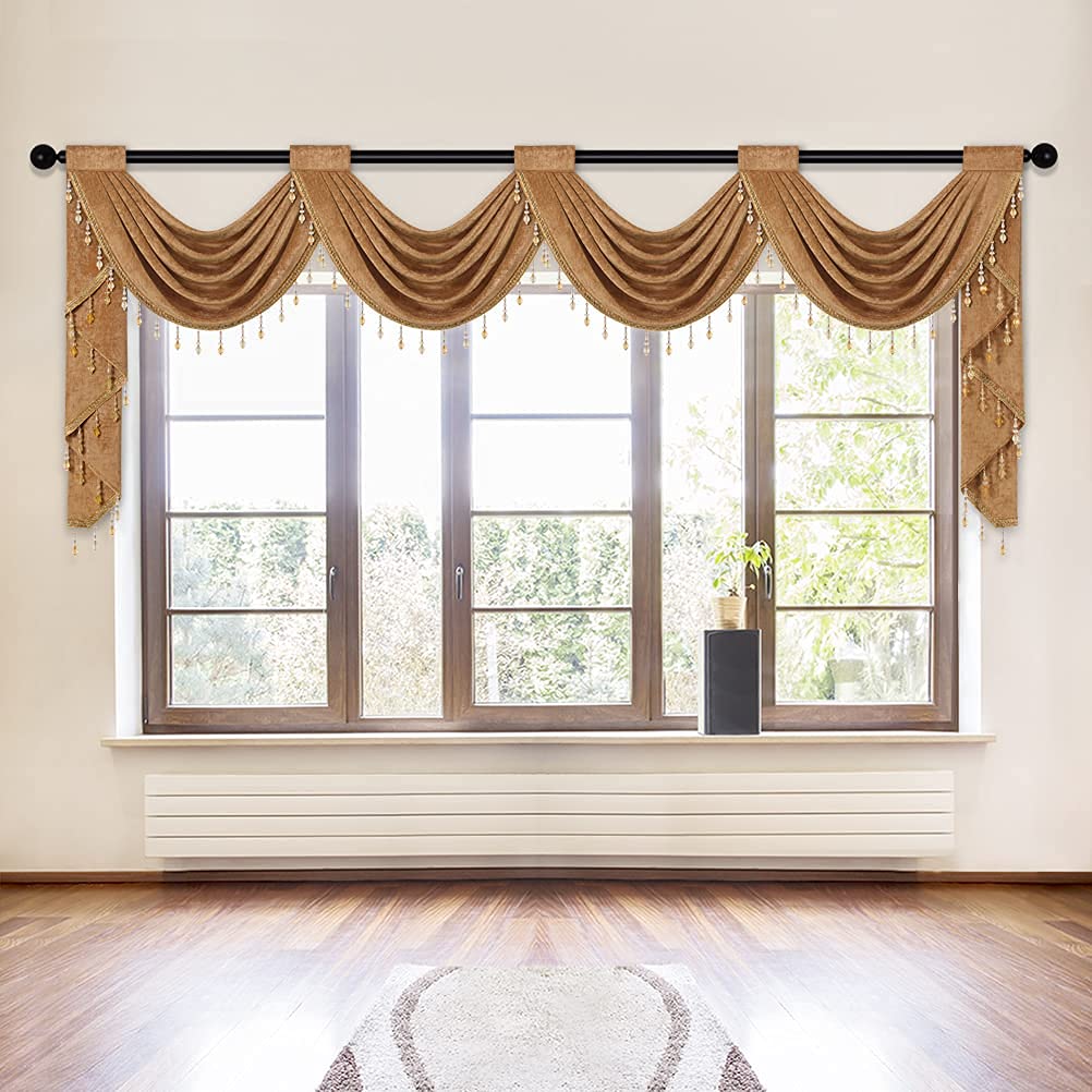 ELKCA Bronze Chenille Waterfall Valance for Living Room 4 Hollow Swags Valance for Bedroom Big Kitchen Window Treatment,1 Panel
