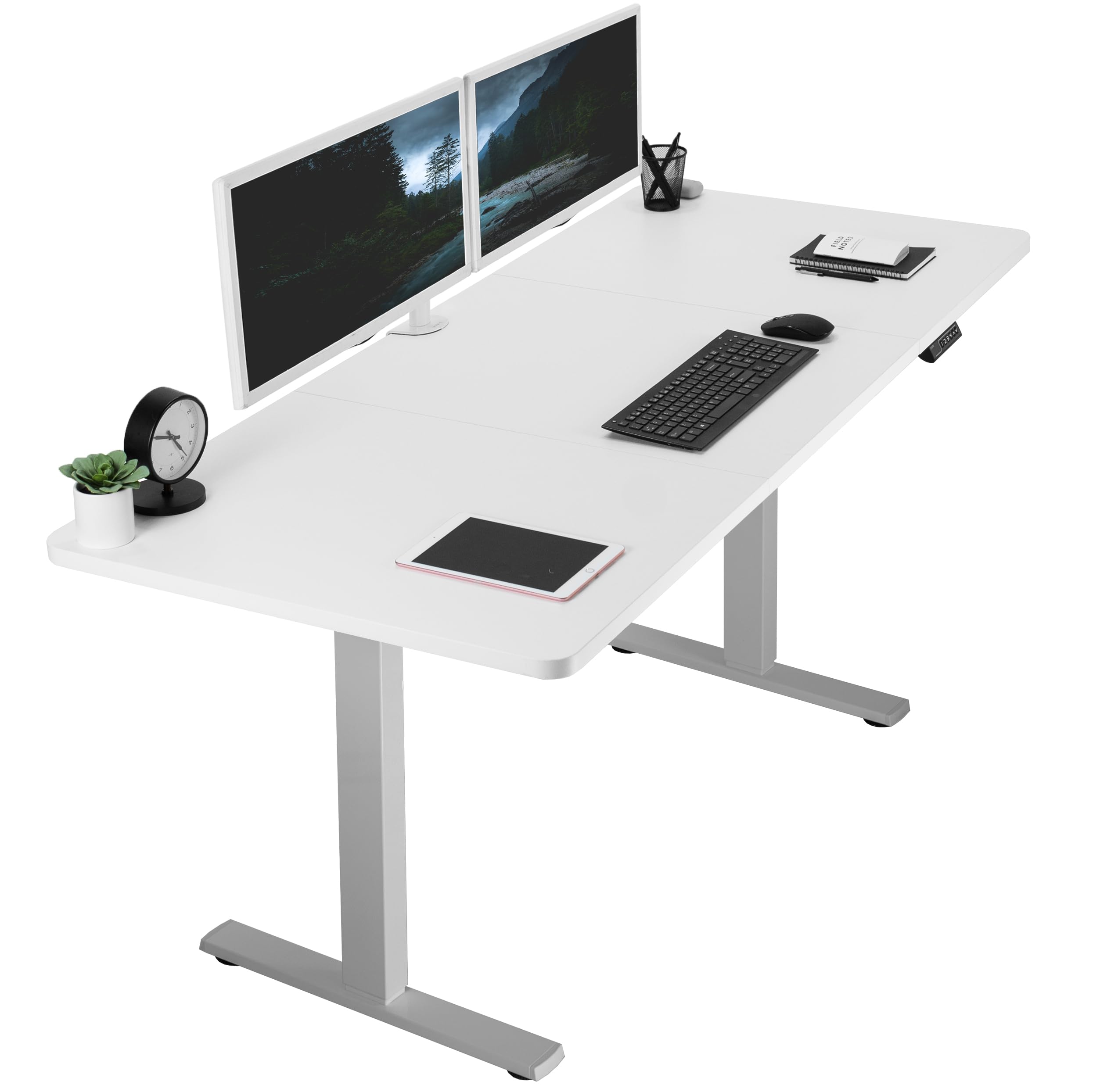 VIVO Electric Height Adjustable 71 x 30 inch Memory Stand Up Desk, White Table Top, Gray Frame, Standing Workstation with Preset