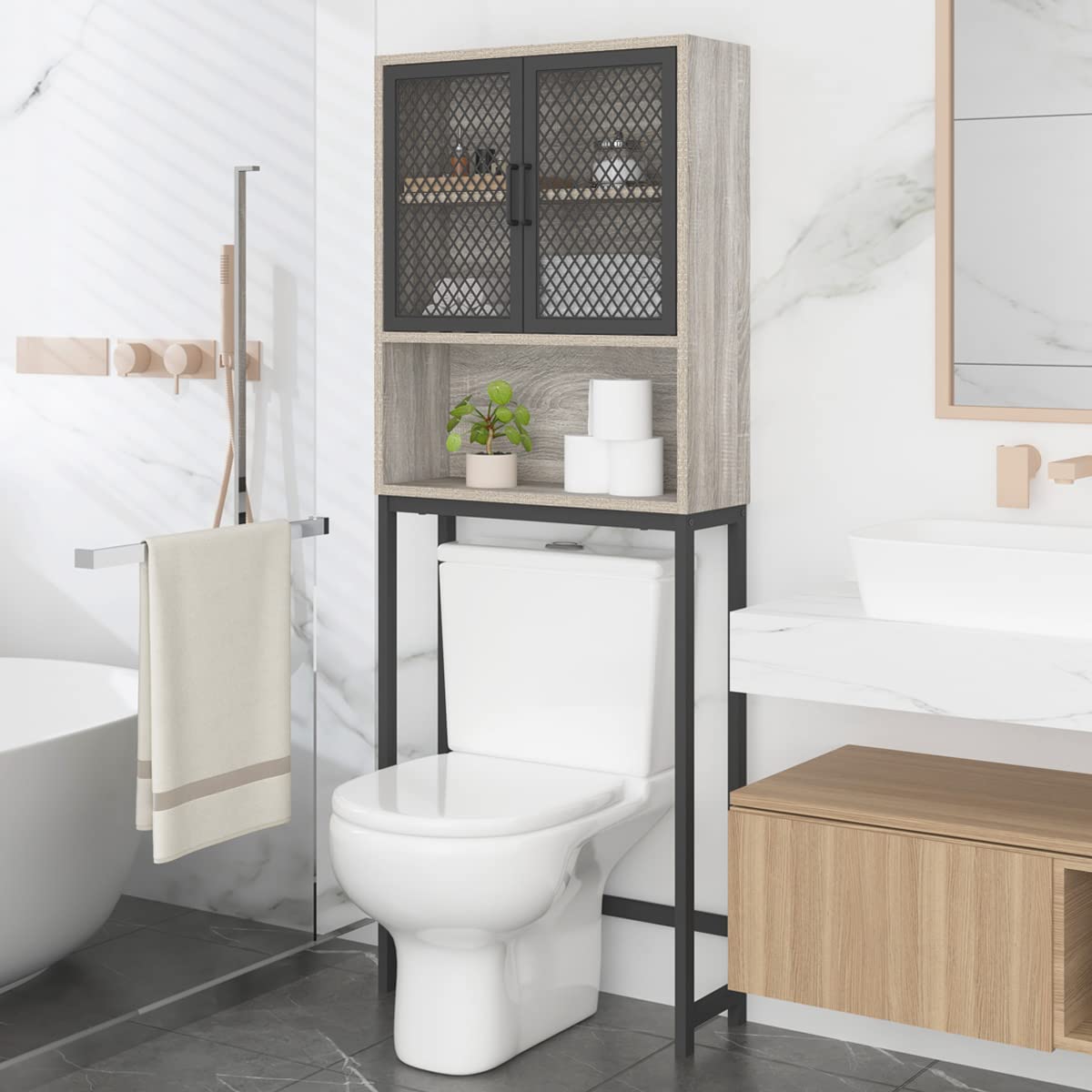Launica Bathroom Space Saver, Over The Toilet Storage Cabinet, Metal and Wood Industrial Organizer Stand Above Toilet, Freestand