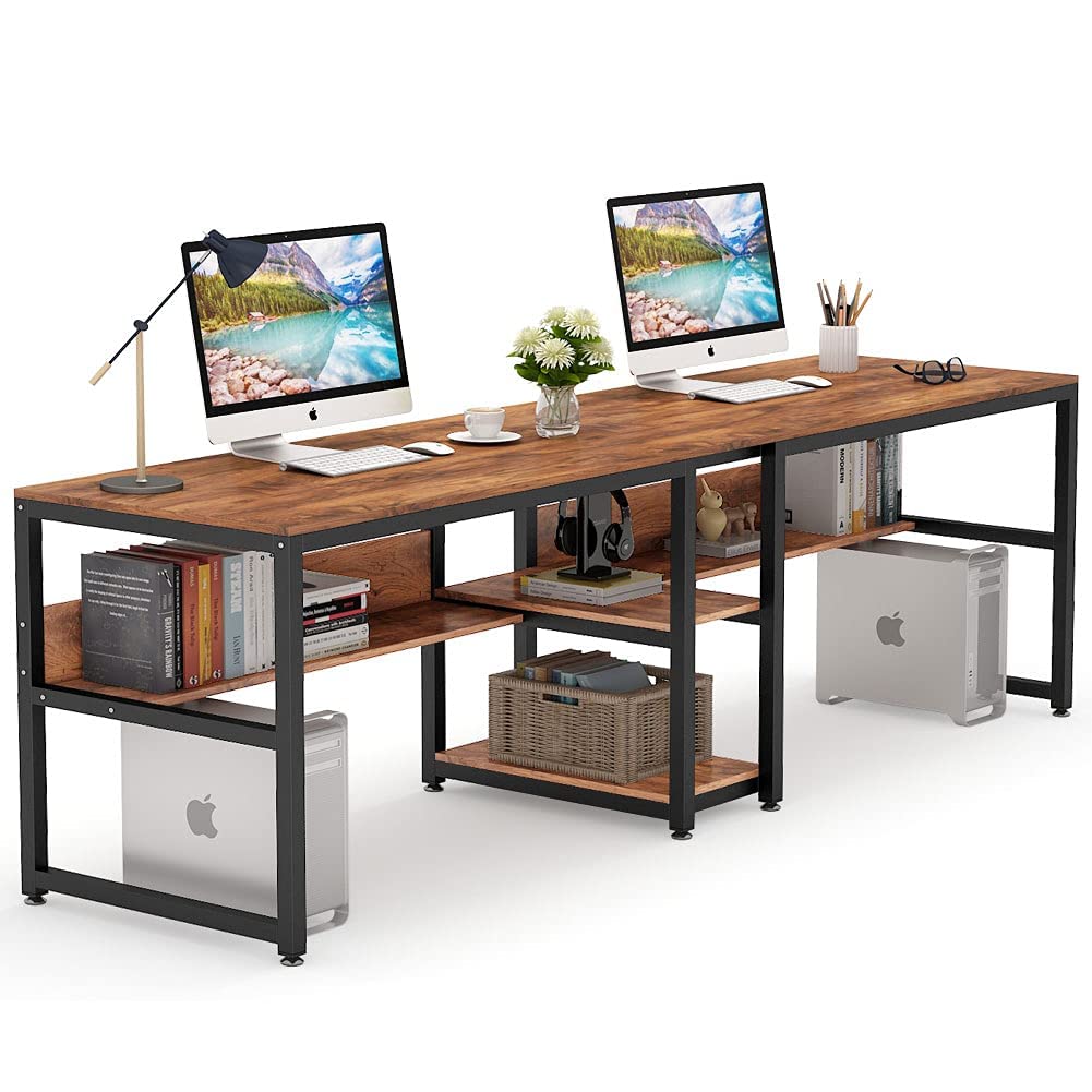 Tribesigns Two Person Desk with Bookshelf, 78.7 Computer Office Double Desk for Two Person, Rustic Writing Desk Workstation with
