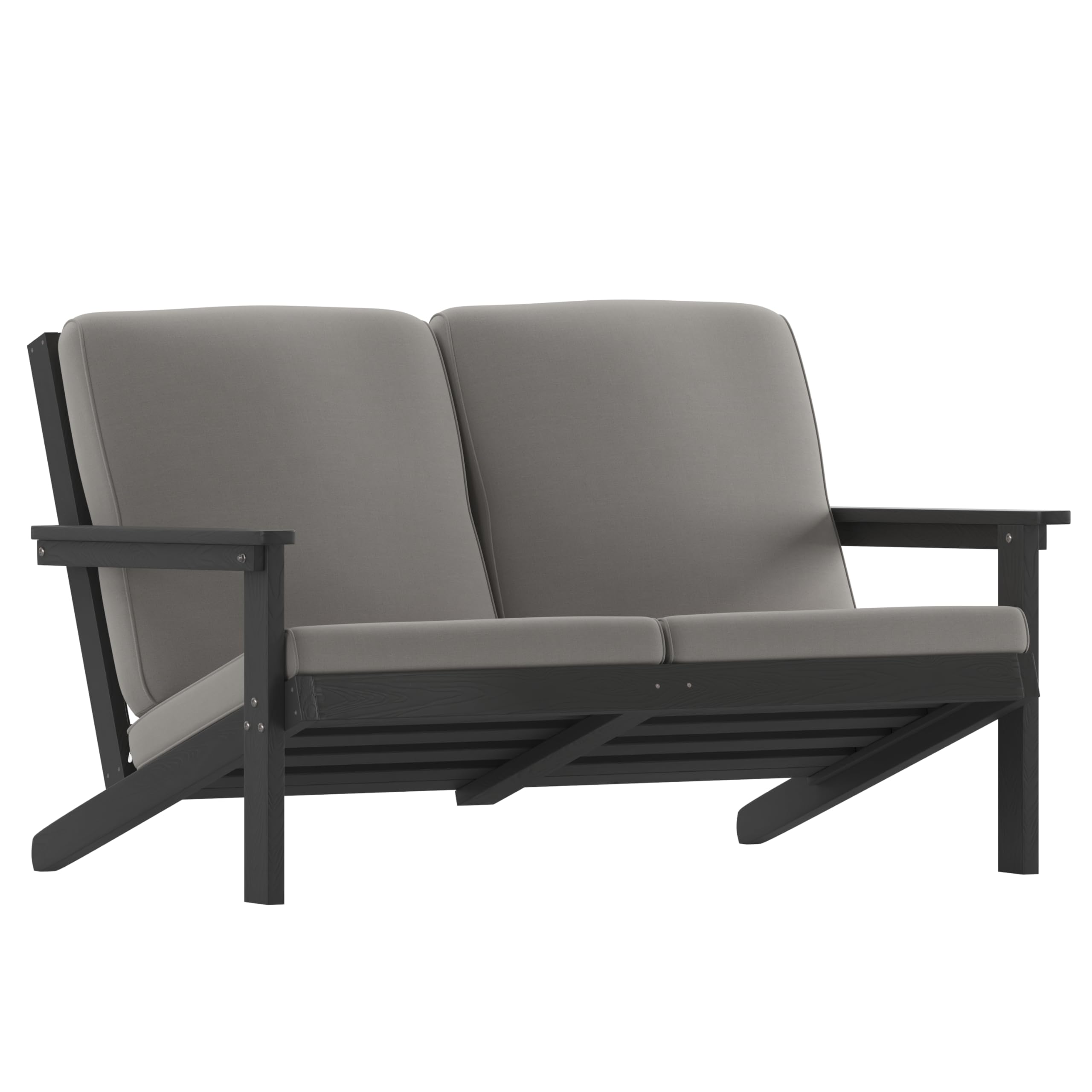 Flash Furniture Charlestown Adirondack Style Deep Seat Patio Loveseat with Cushions - Black Poly Resin Frame - Charcoal All-Weat
