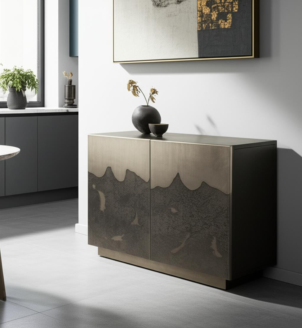 30 Gray Distressed Metal Textured Door Accent Cabinet With Two Doors