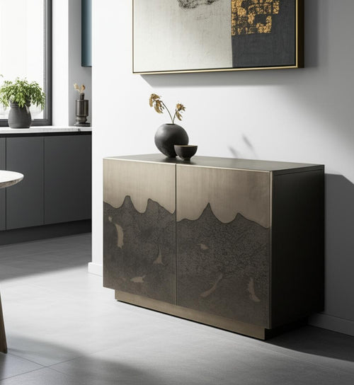 30 Gray Distressed Metal Textured Door Accent Cabinet With Two Doors