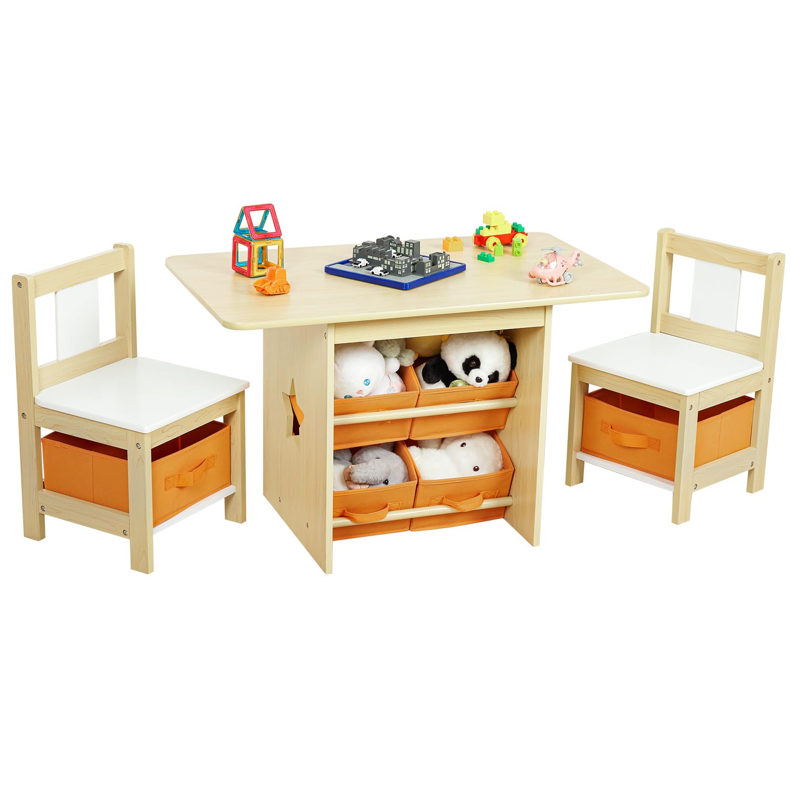 Vilaxing Kids Table and Chair Set (2 Chairs Included), Wooden Toddler Desk Group with 6 Storage Bins Boxes, Childrens Furniture